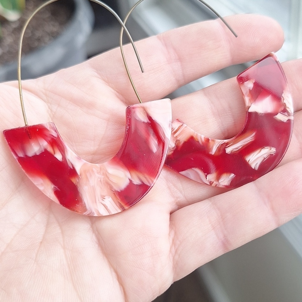 Acrylic Red and Pink Marbled Crescent Earrings